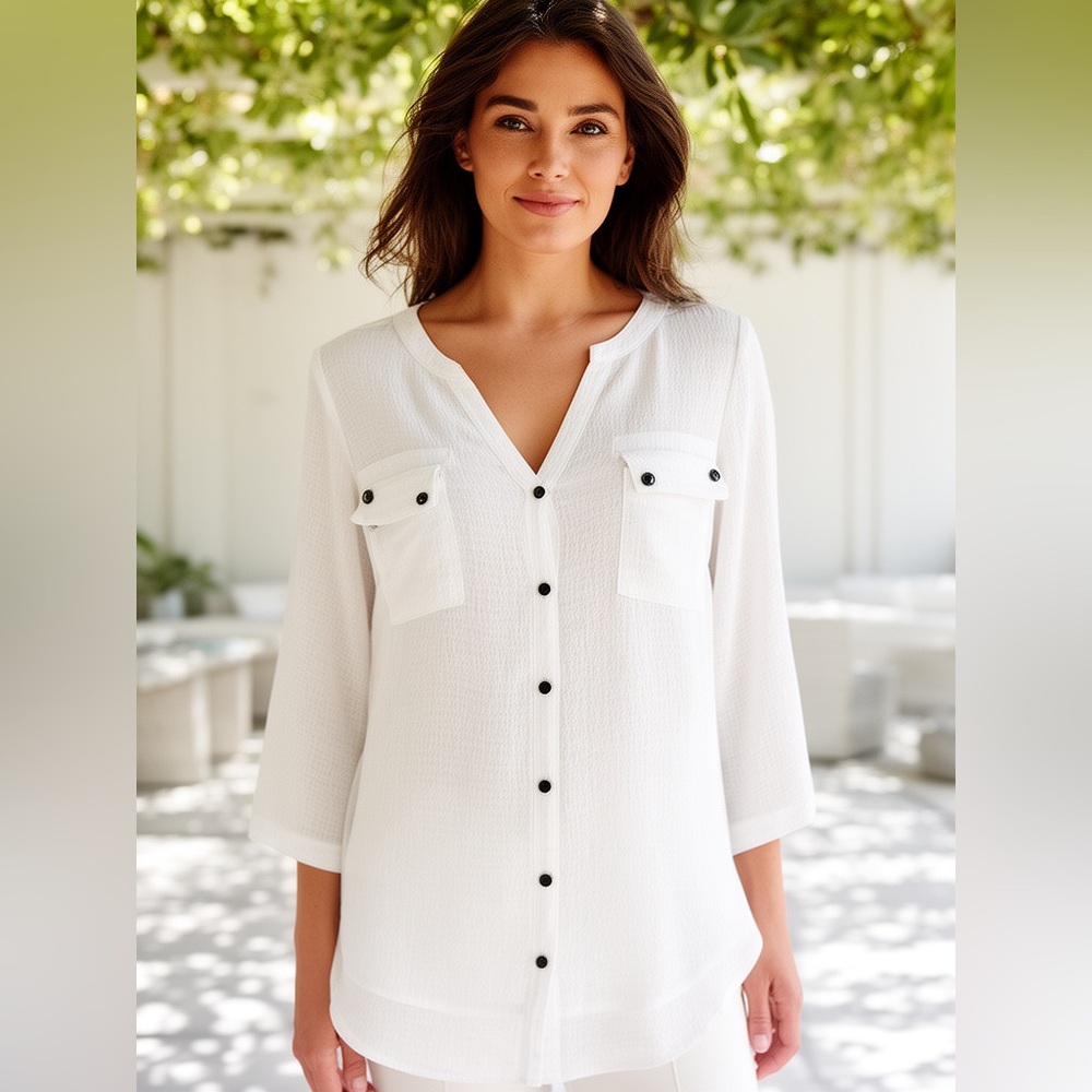 Hawthorn White Sheer Button Front Blouse Small Chiffon Utility Top Pockets - Picture 1 of 8